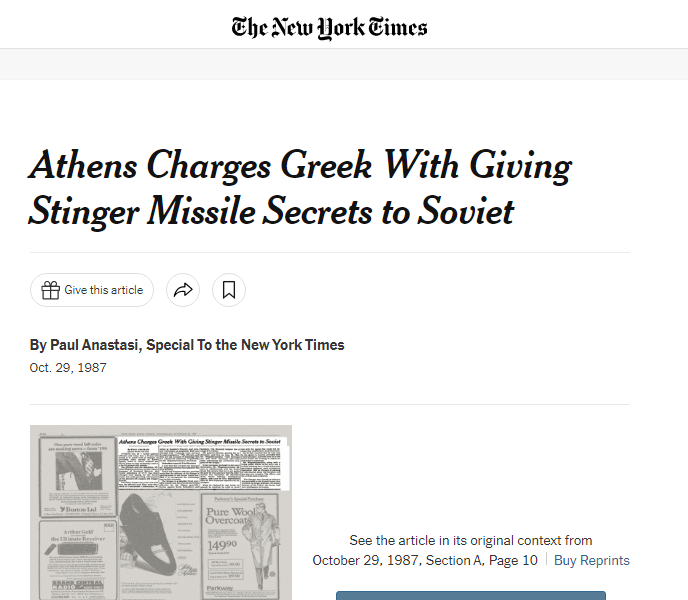 hermes_z's tweet photo. While Greece is shaken by yet another espionage scandal involving NATO secrets allegedly passed to China, Türkiye deploys an entire mechanized brigade to a major NATO exercise in Europe using its own capabilities.

A Greek Air Force colonel, with access to NATO classified intelligence, operational plans, and defense technologies, has been arrested for spying for Beijing. Greek media describe it as one of the most serious security breaches in recent years.

This is not without precedent.

New York Times, October 29, 1987: Greeks Leaked NATO Secrets to the Soviets.

Back then, classified data on Stinger, Harpoon, and ESSM missiles enabled the Soviet Union to replicate NATO missile technology.

History has a pattern.
So does credibility.