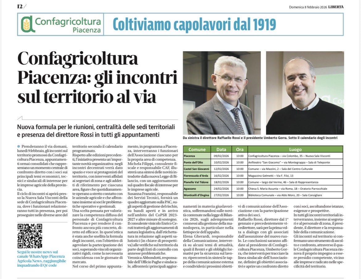 confagripc's tweet photo. Iniziano gli incontri sul territorio promossi da Confagricoltura Piacenza: un ciclo di appuntamenti per il confronto diretto con le imprese agricole associate della provincia, con un calendario che toccherà diverse aree del territorio.
Un percorso di ascolto e dialogo. https://t.co/A09jtqeAWq