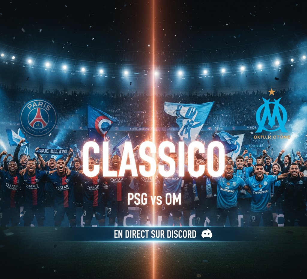 ThomSixDeux's tweet photo. 🔥 CLASSIQUE CHOC ! 🔥

​PSG vs OM. Le match de l'année, à vivre ensemble EN DIRECT SUR DISCORD ! 

https://t.co/lcU4FJVuGR

#Classico #PSG #OM #PSGOM https://t.co/37NPeljJsX