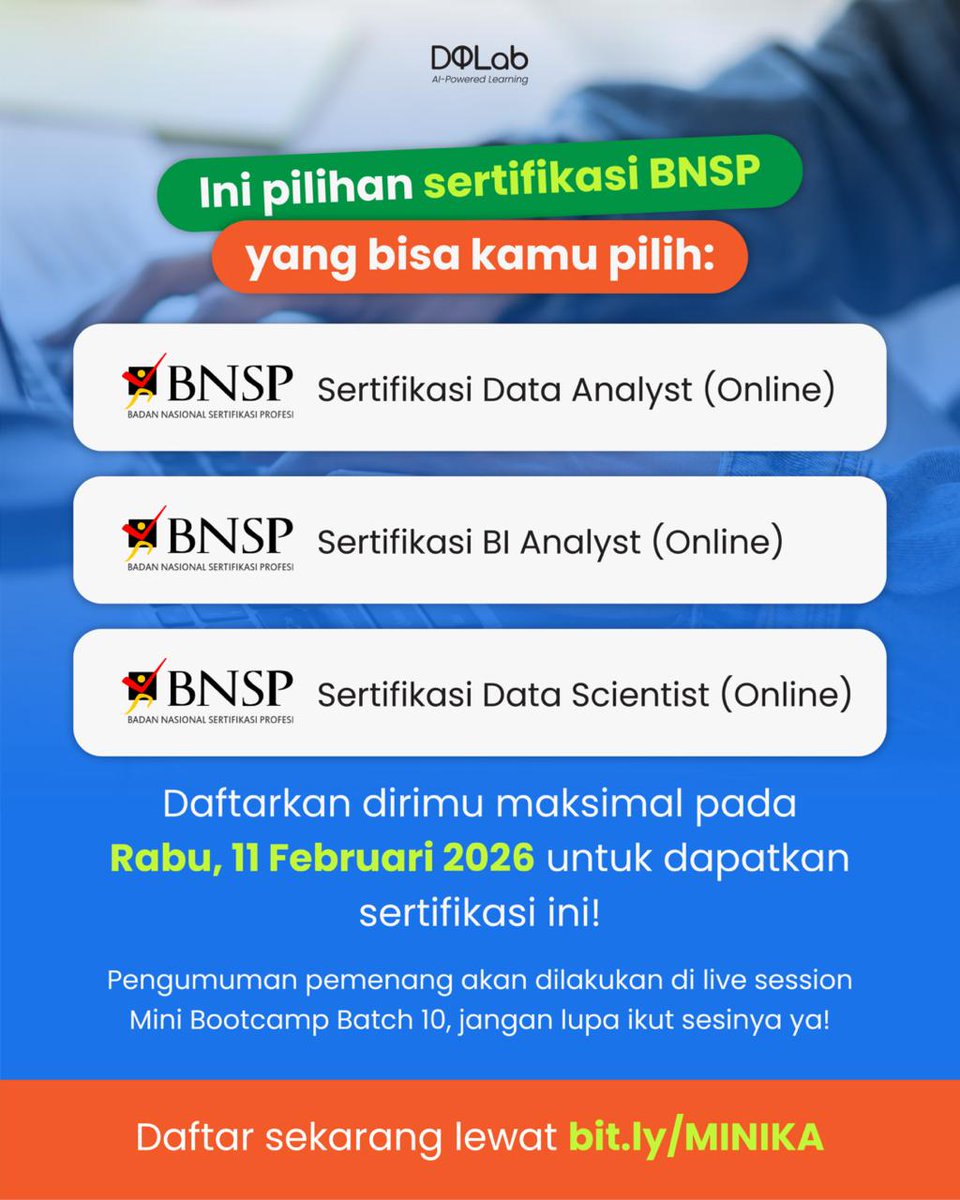 Guys, ini ada sertifikasi BNSP yang bisa lo dapetin secara gratis. Topiknya ada 3, data analyst, business analsyt dan data scientist.

Deadline 11 februari besok, caranya daftar ke mini bootcamp lewat bit.ly/MINIBC10, kemudian daftar BNSP-nya ke bit.ly/MINIKA