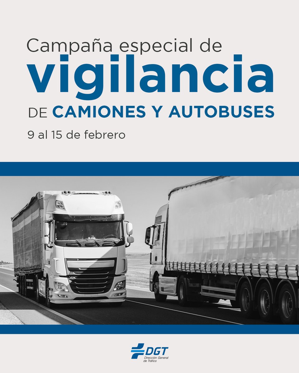 Esta semana ponemos el foco en los vehículos grandes:​
camiones y autobuses. 🚛🚌​
Arranca la campaña especial de vigilancia para comprobar que todo va como debe:​
velocidad, descansos, cinturón, móvil…​
Porque cuando el vehículo es grande,​
la responsabilidad también.