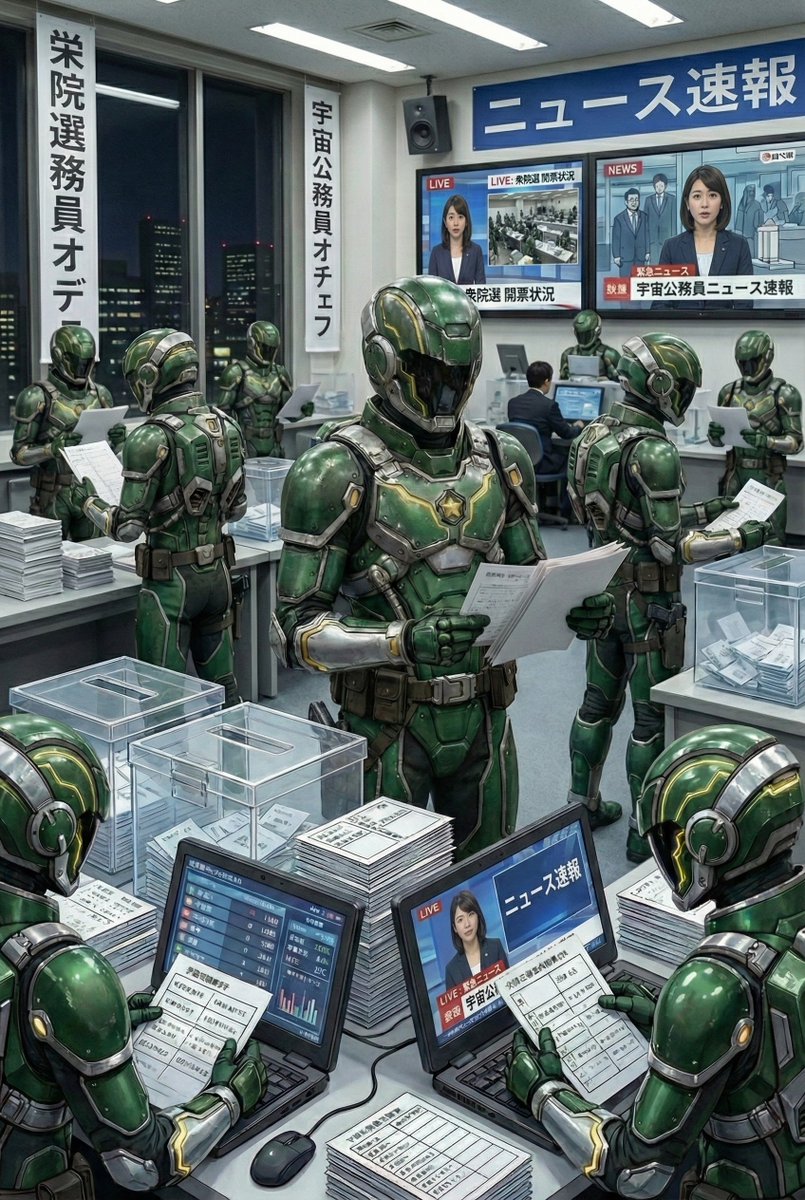 20時まで現場を死守した同志。
20時からの戦地へ向かう同志。
そして朝から夜通しで連戦する同志。

ただ「正しさ」を積み上げる全ての同志に最大限の敬意を。
​どうか、その心に揺るぎない誇りを。
今夜も適正に、選挙事務執行を。

​#衆院選2026 #開票速報 #宇宙公務員オヂェフ #NanobananaPro