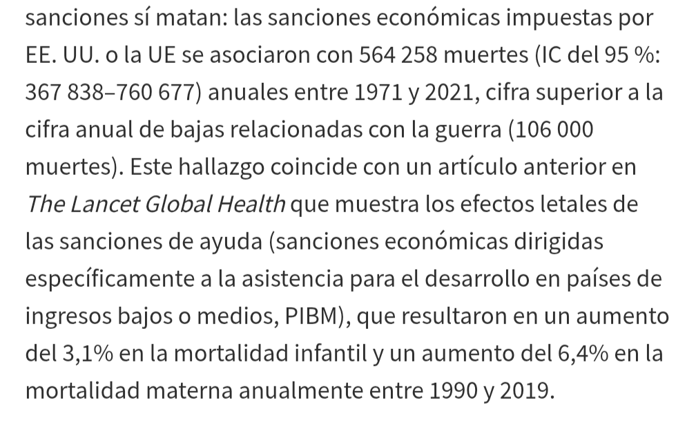 Las sanciones económicas de EEUU y Europa provocan 500.000 muertos anuales en los países golpeados por ellas, sin contar intervenciones militares.

500.000 muertes anuales.

Informe en la revista médica <a href="/TheLancet/">The Lancet</a> del genocidio silencioso de Europa y EEUU

thelancet.com/journals/langl…