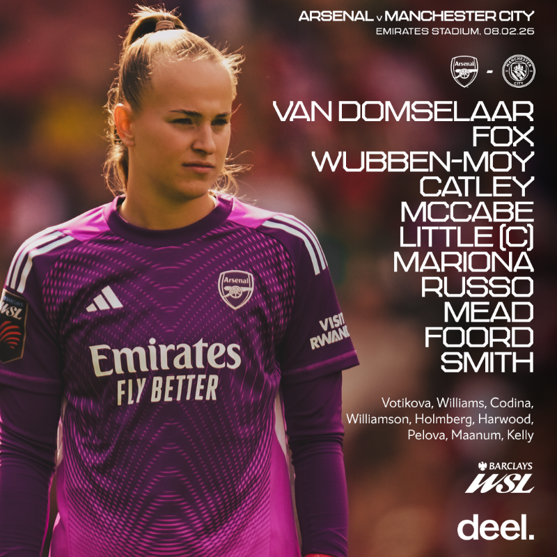 ArsenalWFC's tweet photo. 🔴 𝗧𝗘𝗔𝗠𝙉𝙀𝙒𝙎 ⚪️

🧤 van Domselaar returns
🧱 Wubben-Moy and Catley at the back
🪄 Mariona in the midfield

A huge clash awaits. Let's show who we are, Gunners 👊

Presented by @deel 🤝