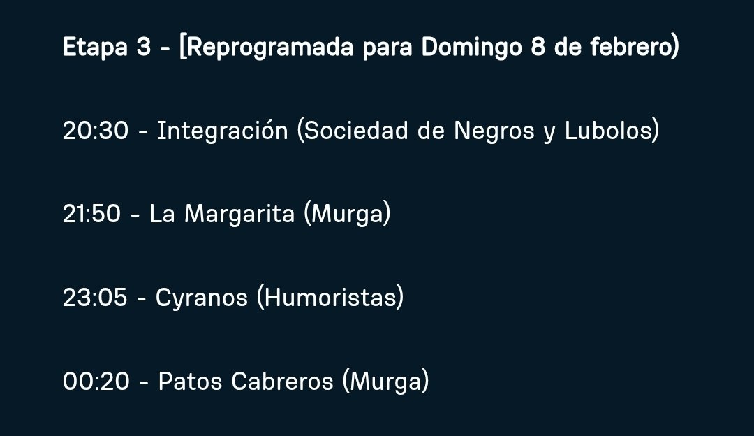 #Carnaval  🎭🇺🇾
Concurso Oficial de Montevideo 
Primera Rueda  - Etapa 3 (reprogramada)

Teatro de Verano 

Entradas en ABITAB. 
Si quedan disponibles se venderán desde las 19: 30 hs en boletería del Teatro 

📺 VTV Plus (en vivo desde el tercer conjunto)