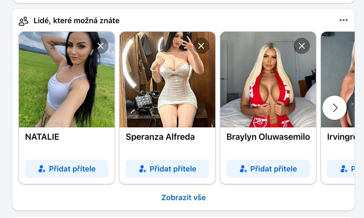 Přišel jsem o účty na všech sítích od Mety. Postupně zakládám nové a zjišťuju, jaký obsah nově příchozím zobrazuje neukotvený algoritmus. Je to hnus, adorace Babiše, Turka a všemožných alternativních „pravd“.

A rovněž velmi podivná nabídka přátel z řad velmi kurturních dam… 🤮