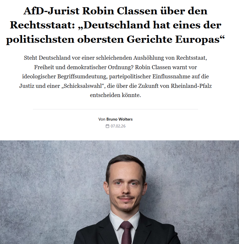 Hat Deutschland eines der politischsten obersten Gerichte Europas?

Diese These vertritt der Jurist und AfD-Politiker <a href="/RobinClassen/">Robin Classen</a> im <a href="/freilichmagazin/">Freilich Magazin</a>-Interview. 

Classens Kernkritik: Das höchste deutsche Gericht sei nicht ausreichend vor parteipolitischen Einflüssen geschützt.