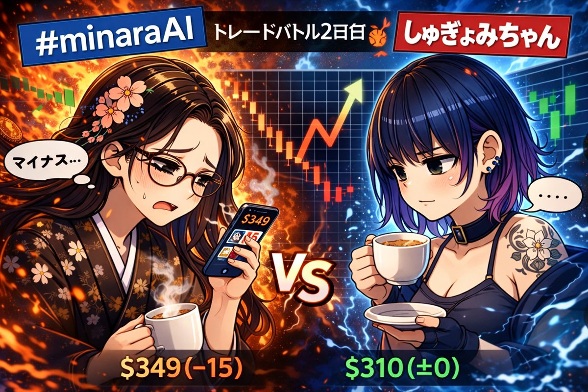 【#MinaraAI とのバトル2日目⚔️】

本日の結果は

🤖Minara：$349（−$15）📉
👧しゅぎょみちゃん：$310（±0）😌

昨日の爆益から一転、Minaraは一服☕
でもしっかりロングは取ってる😂

しゅぎょみちゃんは日曜日はノートレ👀

さて明日平日はどうなる！？

#PNLFearlessParty
<a href="/minara/">Minara AI</a> <a href="/MinaraJapan/">Minara Japan</a>