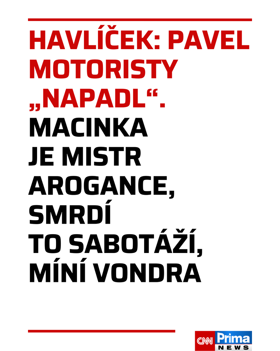 CNNPrima's tweet photo. Motoristé byli „napadeni“ ve smyslu toho, že prezident Petr Pavel nebyl ochoten jmenovat jim ministra. V nedělní Partii na CNN Prima NEWS to řekl ministr průmyslu Karel Havlíček (ANO), který se podle svých slov nediví chování ministra zahraničí a životního prostředí Petra Macinky (Motoristé). Europoslanec a místopředseda ODS Alexandr Vondra Macinku v diskuzi označil za mistra světa v aroganci a za politického amatéra, který dělá problémy celé vládě. Více čtěte ZDE: https://t.co/nnUSgFcG4L