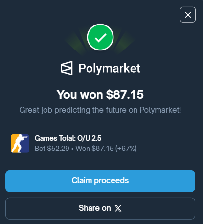 Easy peasy!

I just won 87.15 on <a href="/Polymarket/">Polymarket</a>!

Join me and put your money where your mouth is: poly.market/ZRCi9pB