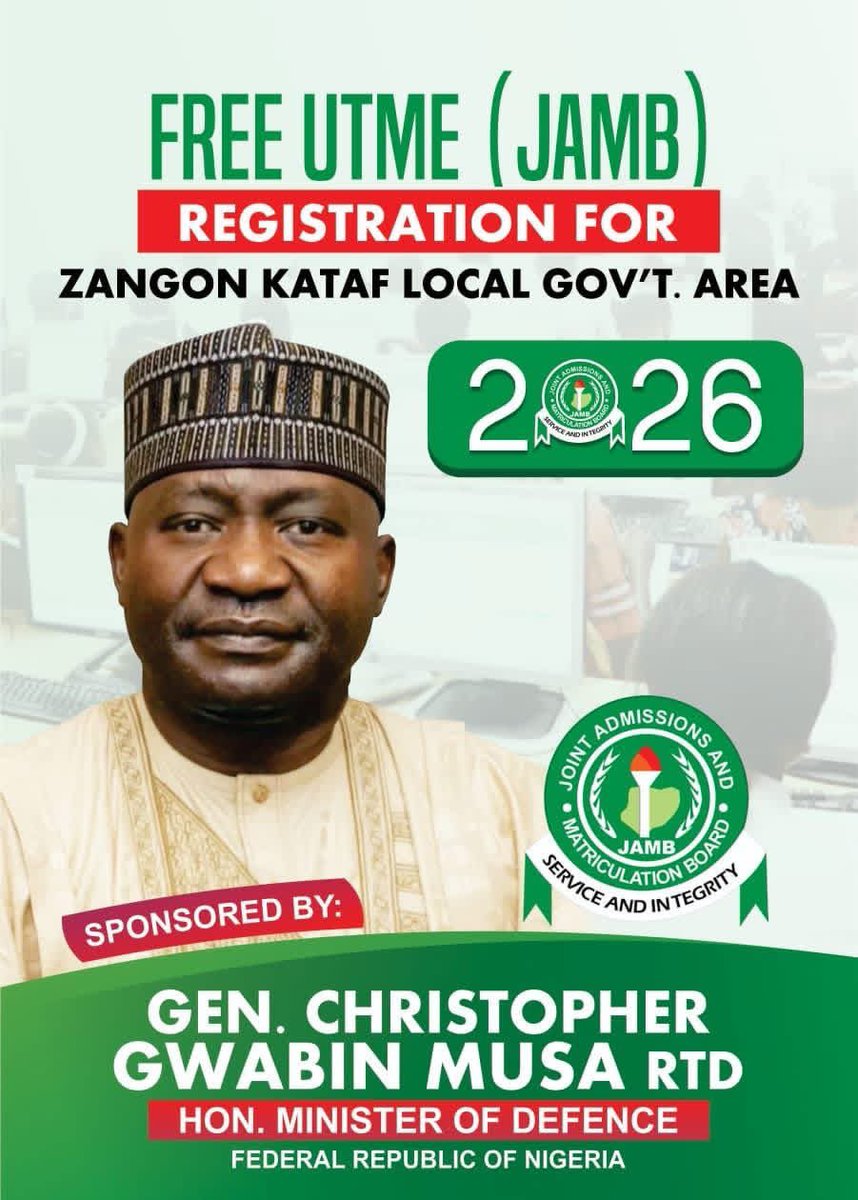 I commend Honourable Minister of Defence General Christopher Gwabin Musa OFR (Rtd) Tsuung Atyap for his exemplary and generous sponsorship of free JAMB registration for prospective candidates in Zangon Kataf Local Government Area of Kaduna State. #Education