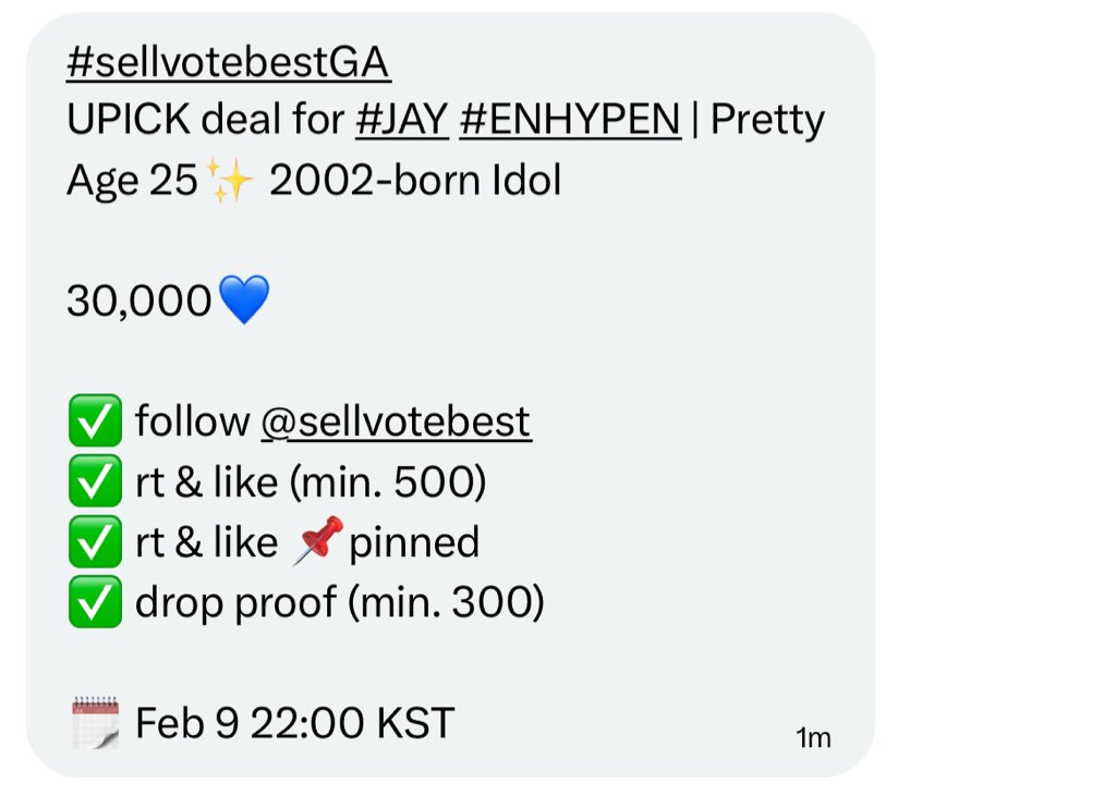 02byjay's tweet image. #sellvotebestGA
UPICK deal for #JAY #ENHYPEN | Pretty Age 25✨ 2002-born Idol

30,000💙

✅ follow @sellvotebest  
✅ rt &amp;amp; like (min. 500)
✅ rt &amp;amp; like 📌pinned
✅ drop proof (min. 300)

🗓️ Feb 9 22:00 KST