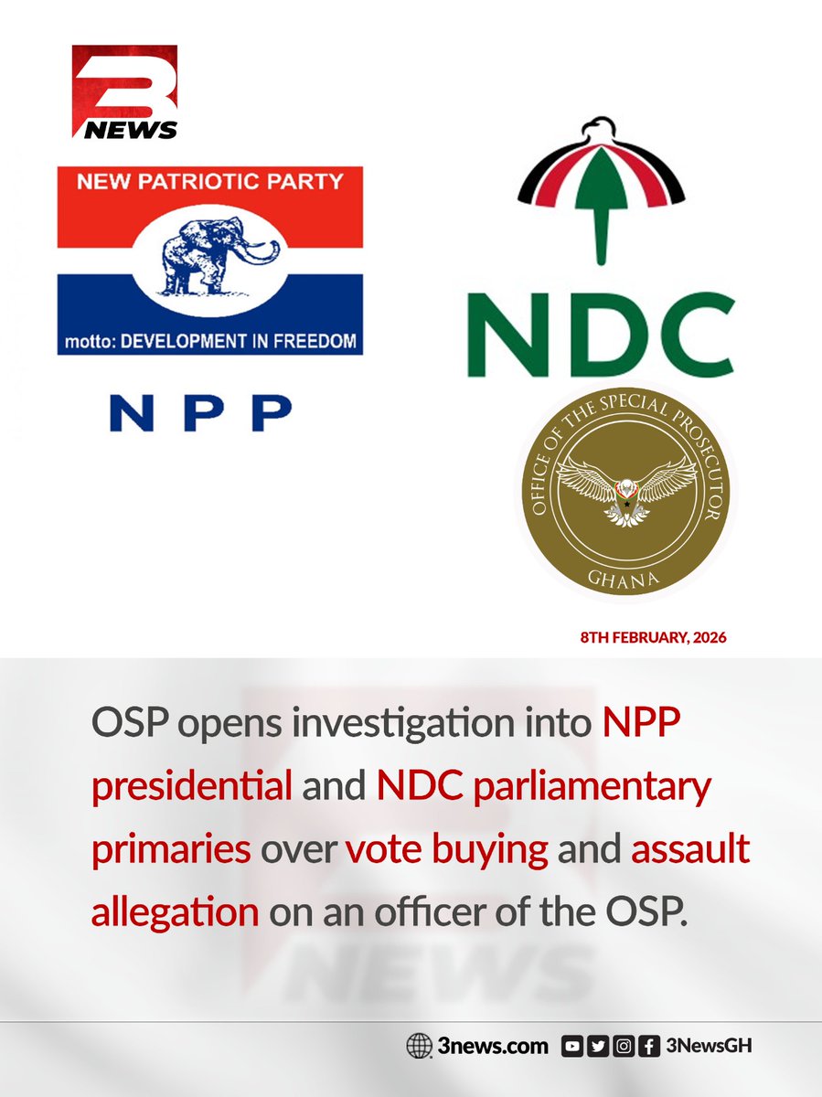 tv3_ghana's tweet image. The Office of the Special Prosecutor (OSP) has officially commenced investigations into alleged corrupt acts during recent NPP and NDC internal party elections. 

#3NewsGH #TV3GH