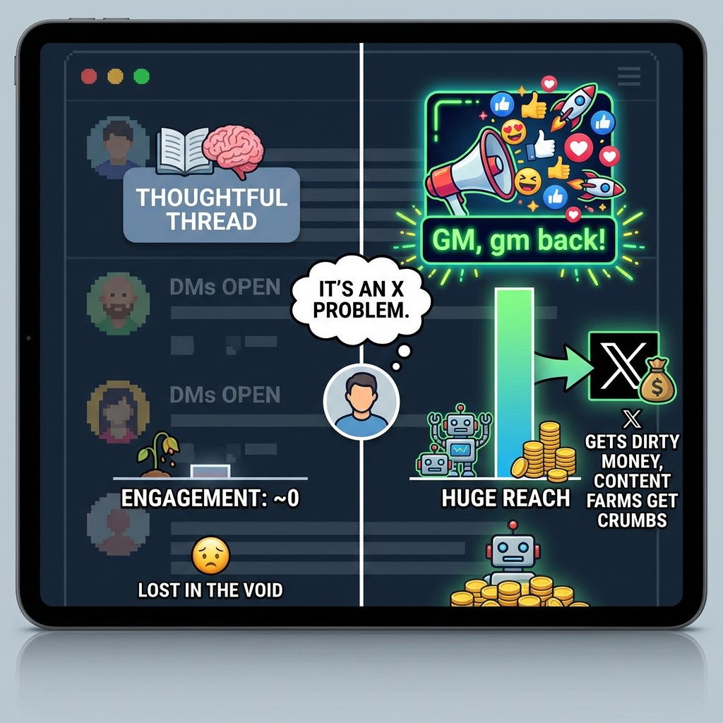 It’s scary how CT is flooded with “web3 marketers”, “X creators”, “marketing advisors”, “DMs open”.

But this isn’t really a reply-guy problem — it’s an X problem. The platform gives you no other ways to grow.

Post a thoughtful thread or an article → near-zero engagement.
Post