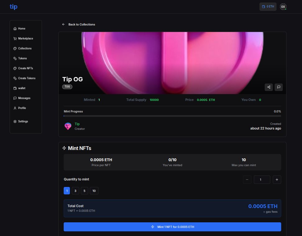 Mint Your Tip OG NFT: tip.lat/nft-collection…
Proof of early users, Holders will git rewards 

#Tip #Base #NFT #Web3