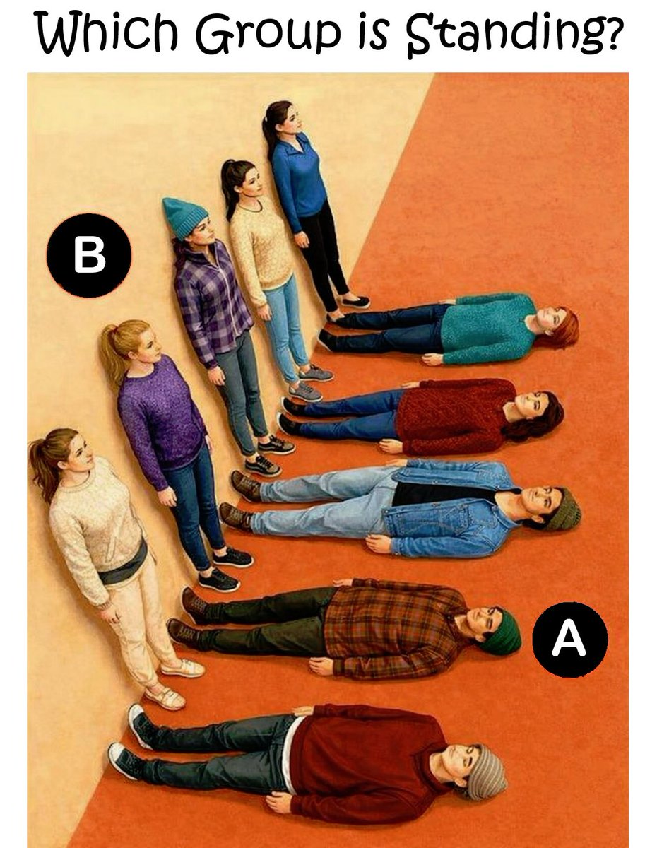 pickover's tweet photo. Which group is standing?

(These seemingly silly puzzles are interesting not because of the answer. In fact, there can be many answers. Rather, it’s interesting how people justify, search for, and discuss different answers, and the puzzles are suitable for children and adults. This particular puzzle has been circulating widely on the Web.)