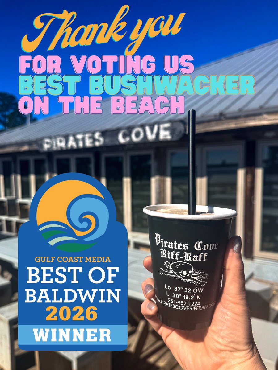 Big thanks to everyone who voted Pirates Cove Best Bushwacker on the Beach.
Come sip one with us. 
#piratescove #bestbushwacker