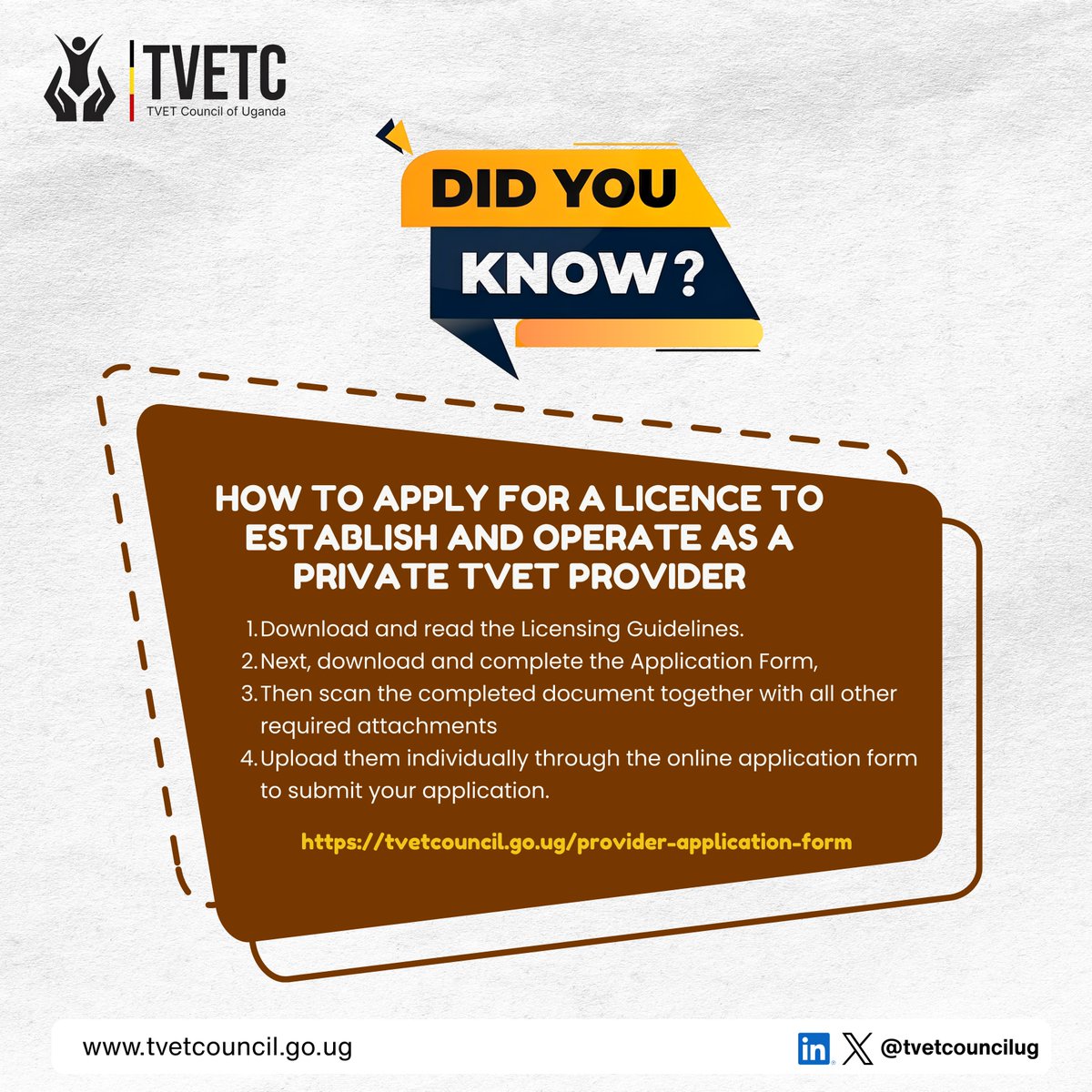 Want to establish a private TVET institution in Uganda?
The TVET Council has made licensing simple: download, complete, scan, and upload your application online.
👉Apply today.
#TVETUg#SkillsUg