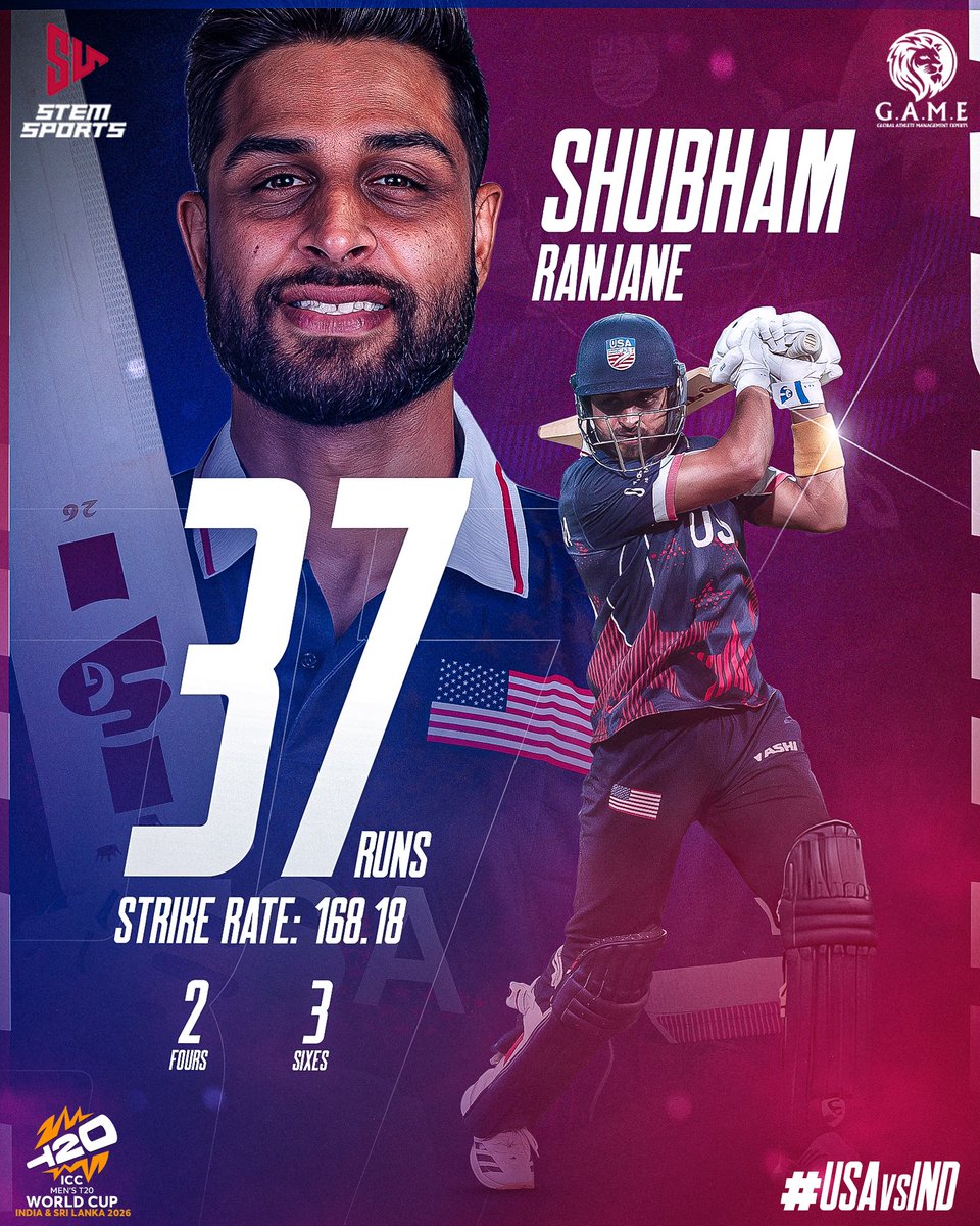 Stemsports1's tweet photo. Shubham Ranjane delivers on his debut with an explosive knock, smashing 37 runs at a strike rate of 168.18 ⚡
#ShubhamRanjane #USAvsIND #GAME #OneTeamOneDream #StemSports https://t.co/t22J1Z70Ba