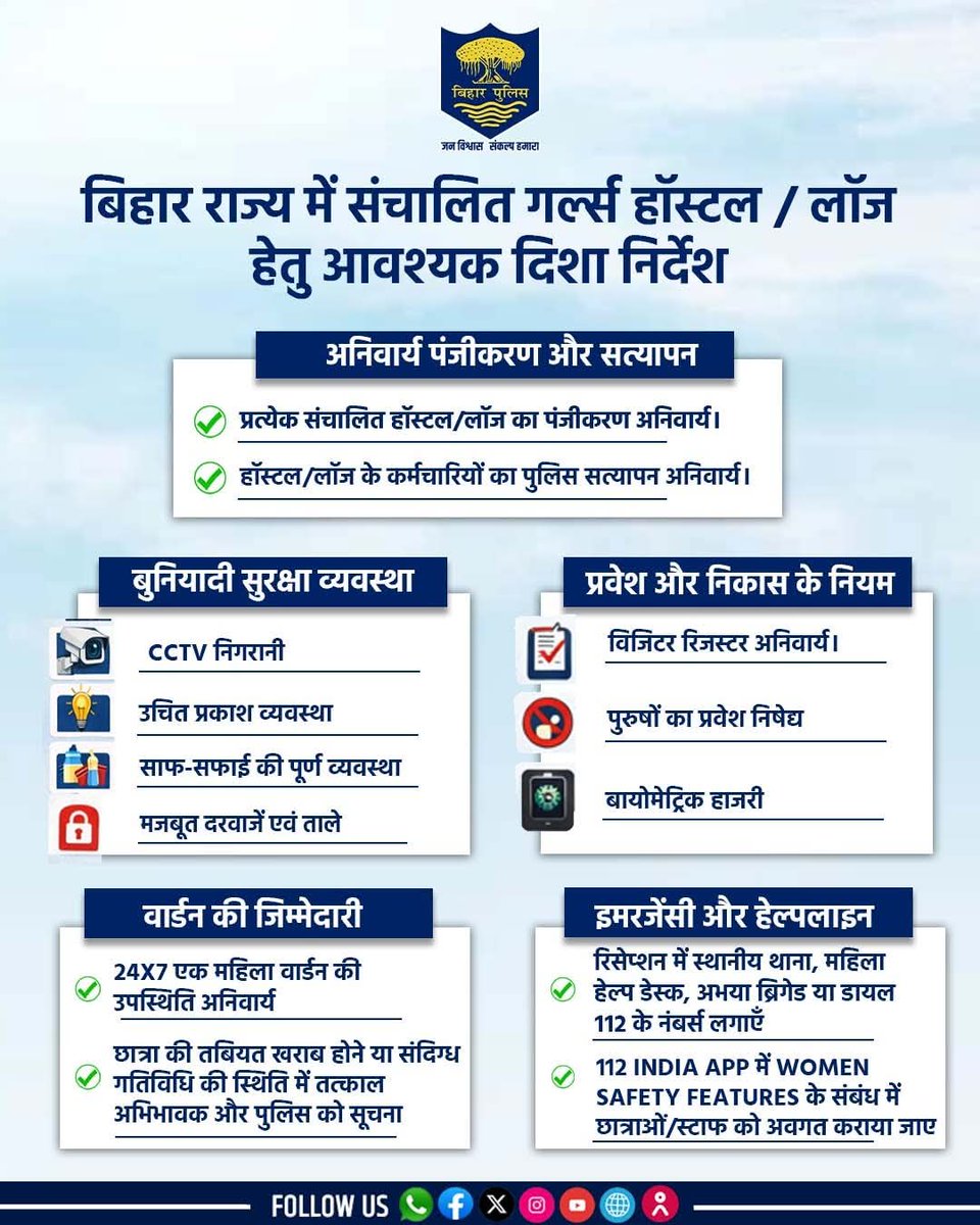 kinghritikraj's tweet photo. बिहार राज्य में संचालित गर्ल्स हॉस्टल / लॉज हेतु आवश्यक दिशा निर्देश ।
.
.
#Bihar #BiharPolice #hostelguidelines #studentsafety #HostelRules #GirlsHostel @bihar_police https://t.co/Lg8mVyogiP