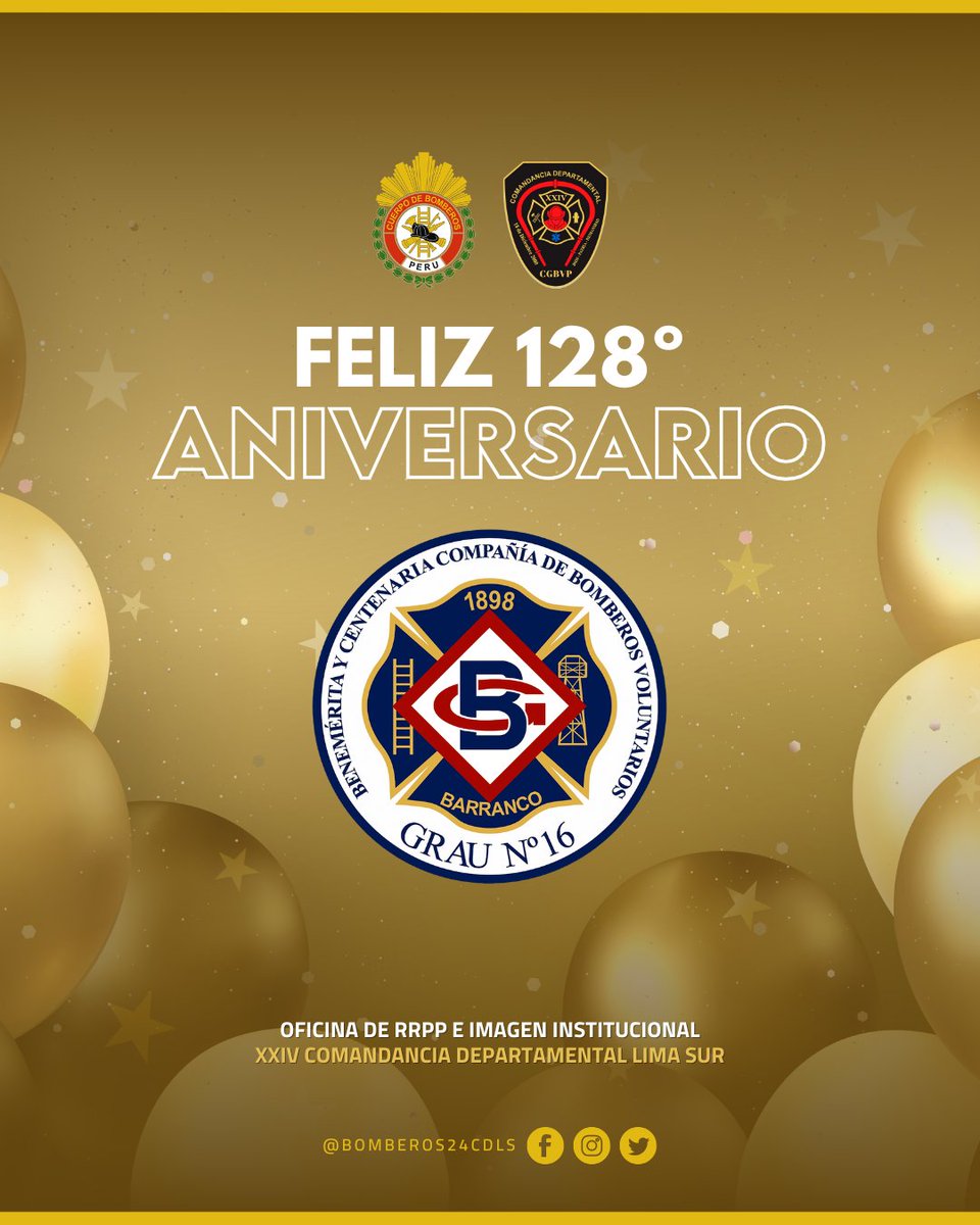 Bomberos24CDLS's tweet photo. 🎂 𝗙𝗘𝗟𝗜𝗭 𝗔𝗡𝗜𝗩𝗘𝗥𝗦𝗔𝗥𝗜𝗢 | 𝗚𝗥𝗔𝗨 𝗕-𝟭𝟲 🔥
Saludamos a nuestros compañeros de la 𝗖𝗼𝗺𝗽𝗮𝗻̃𝗶́𝗮 𝗱𝗲 𝗕𝗼𝗺𝗯𝗲𝗿𝗼𝘀 𝗩𝗼𝗹𝘂𝗻𝘁𝗮𝗿𝗶𝗼𝘀 𝗚𝗿𝗮𝘂 𝗡° 𝟭𝟲 por su 𝟭𝟮𝟴° aniversario de vida institucional al servicio de la comunidad.
https://t.co/p3RcSsF6tJ https://t.co/jkCyFiDKbu