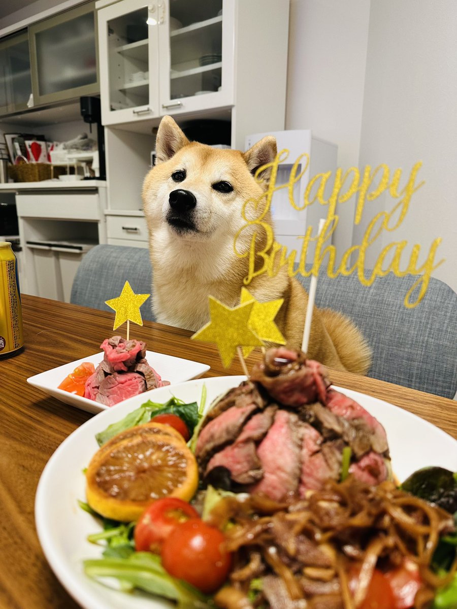 今日は👨の誕生日🎂

黒毛和牛ローストビーフでケーキ作ったよ❣️
もちろん風天にも肉ケーキ🐶💖

 #柴犬