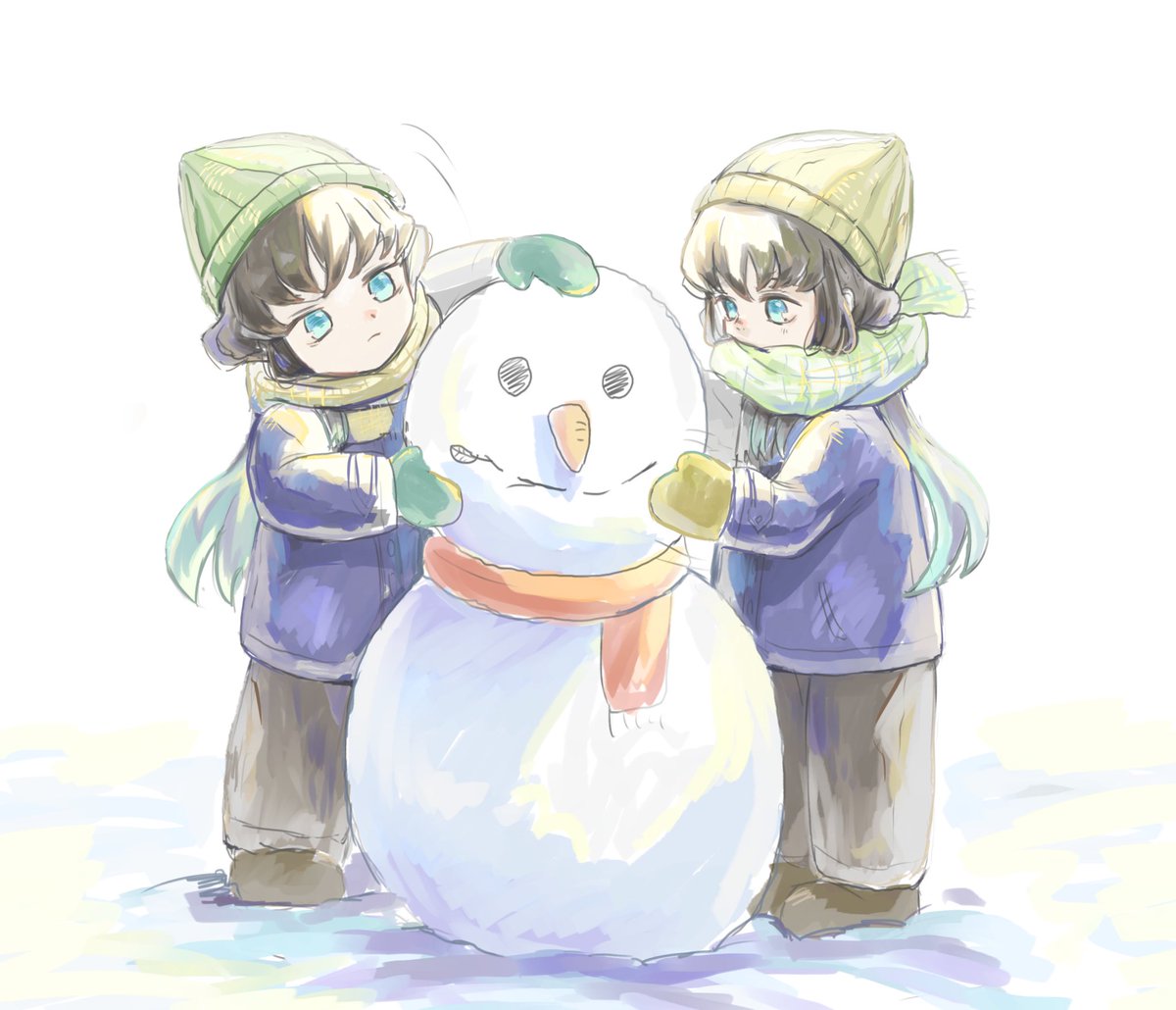 Day_offfffff's tweet image. 今日雪積もってたので、色の勉強がてら
雪遊びツインズらくがき⛄️❄️
