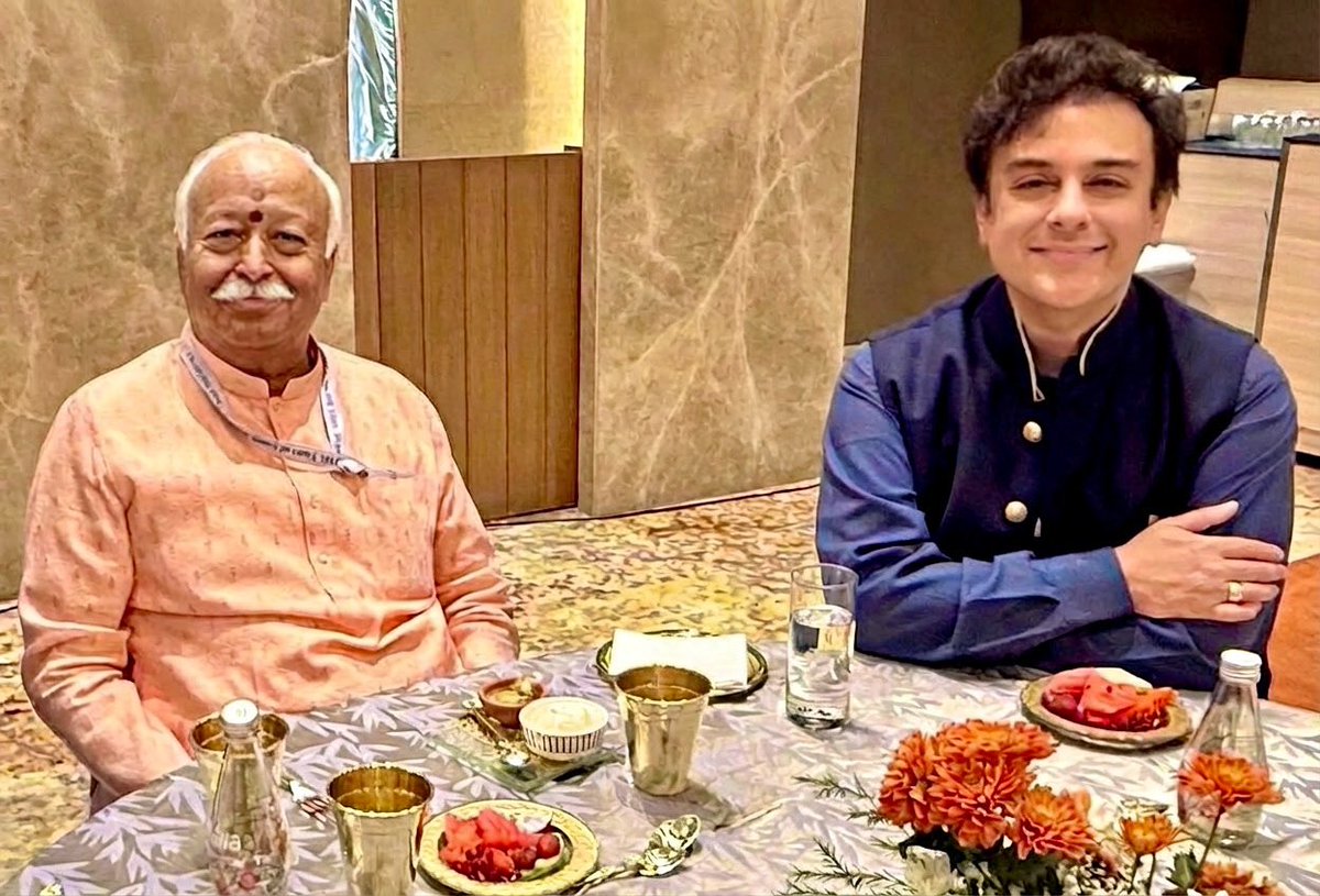 AdnanSamiLive's tweet photo. Had an incredible afternoon with the legendary Sarsanghchalak (Chief) of RSS, Sri Mohan Bhagwat ji. It was delightful to hear him speak and there were so many myths &amp; misconceptions that he so eloquently explained &amp; cleared. An incredible gentleman &amp; beautiful soul… https://t.co/rL3zQqA4cX
