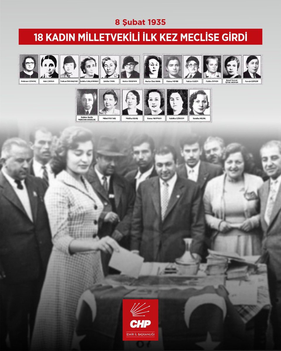 yenipartizmiril's tweet photo. 8 Şubat 1935: Meclis'te 18 kadın, demokraside tam eşitlik. Atatürk’ün vizyonuyla taçlanan bu büyük adımın 91. yılı kutlu olsun! https://t.co/g0RoFpQ2He