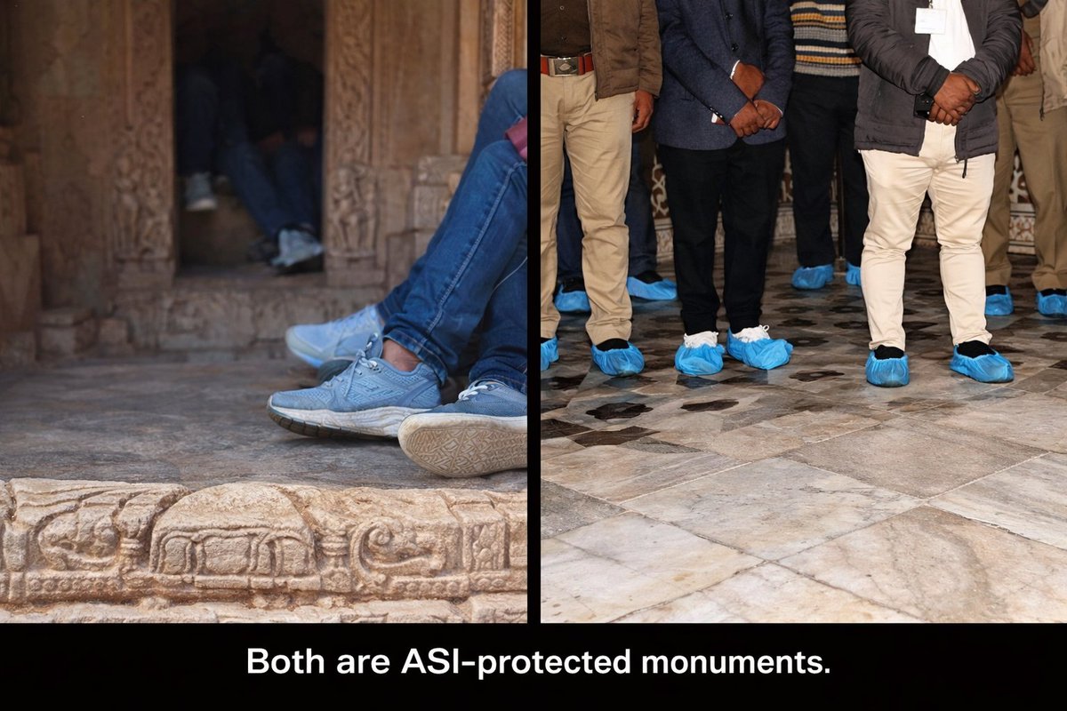 GemsOfINDOLOGY's tweet photo. We remove shoes at one ASI monument.
Wear them freely at another.
Same century. Same sandstone. Same protection law.

One is Hindu. One is lslamic.

Guess which gets the reverence.

This is classification, not conservation.

Colonial archaeology created the split: Living Hindu spaces = use-heritage. Can wear down. Imperial Islamic monuments = art-heritage. Must be preserved.

1947 changed rulers. Not rulebooks.

So sandstone floors absorb sweat and friction. Granite carvings take the hit. We're told this is normal use.

But marble cannot take a sole.

If shoes damage marble, they destroy stone faster. Then why the asymmetry?

Because ASI still operates on inherited logic: Living civilisation is replaceable. Dead empire is priceless.

That's not policy. That's colonial hierarchy, laminated into law.

Equal protection, or admit the bias. Anything else is theatre. 🗿⚖️

#GemsofASI #Decolonisation