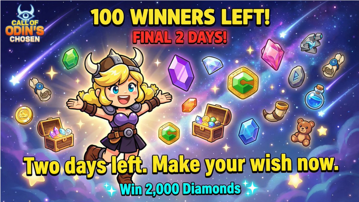 COC_Web3's tweet image. ⏳ 250 Wishes Granted, 100 Left!

Vikings — 250 warriors already had their wishes come true. Are you really gonna watch from the sidelines?

The Allfather has 100 more blessings to give.
2 days. That's all you've got.

Post your wish → Win 2,000 Diamonds
UID: [Your UID]
Wish:…