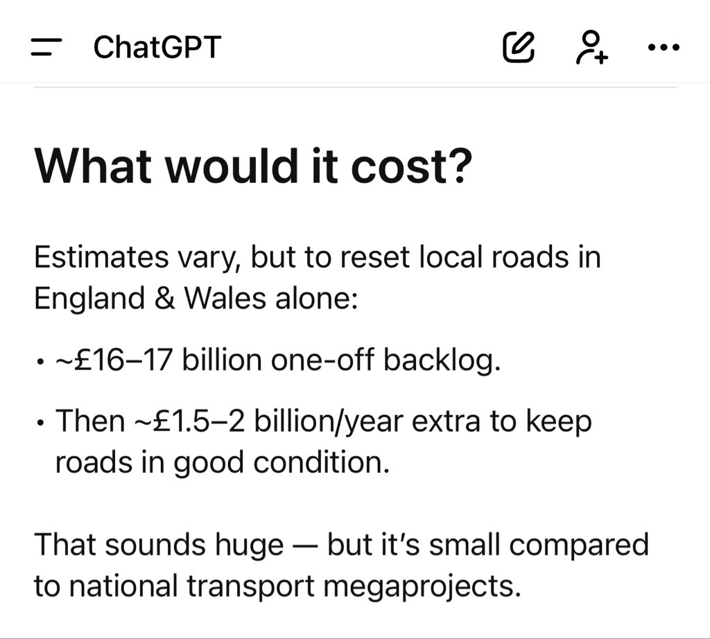 The cost to fix every pothole in the UK .. 
£17billion . That’s 1/4 of the cost of HS2 ! 
What would have been better spent 1 train line that hardly anyone will use or the entire UK road network with zero holes in it