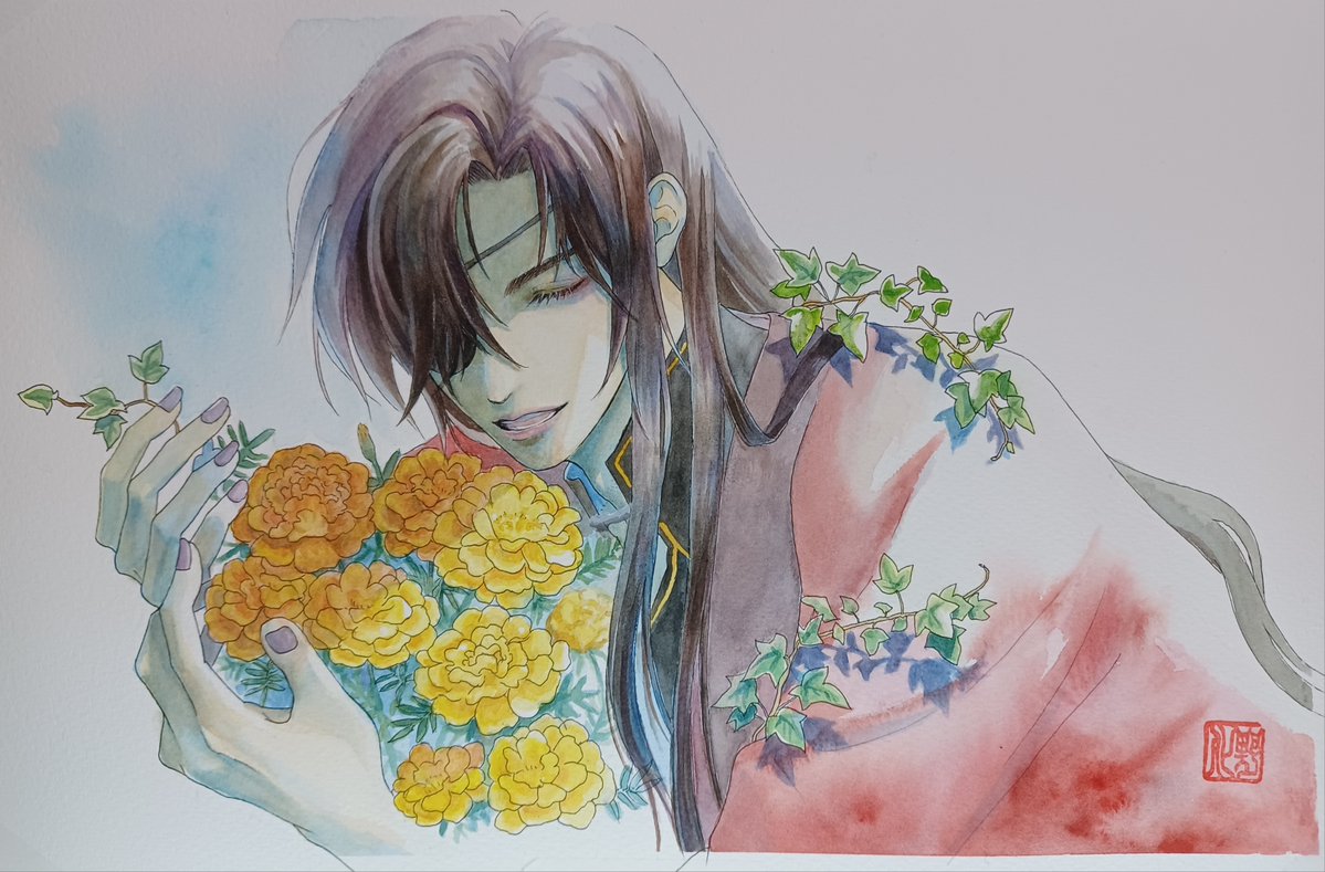 休日の #あだのらくがき 

『花を抱く』  

久しぶりのアナログ。
透明水彩塗りですが…
目が悪くて細かく塗れな～い🥲
拡大できないんだもん。w

#天官賜福   #tgcf