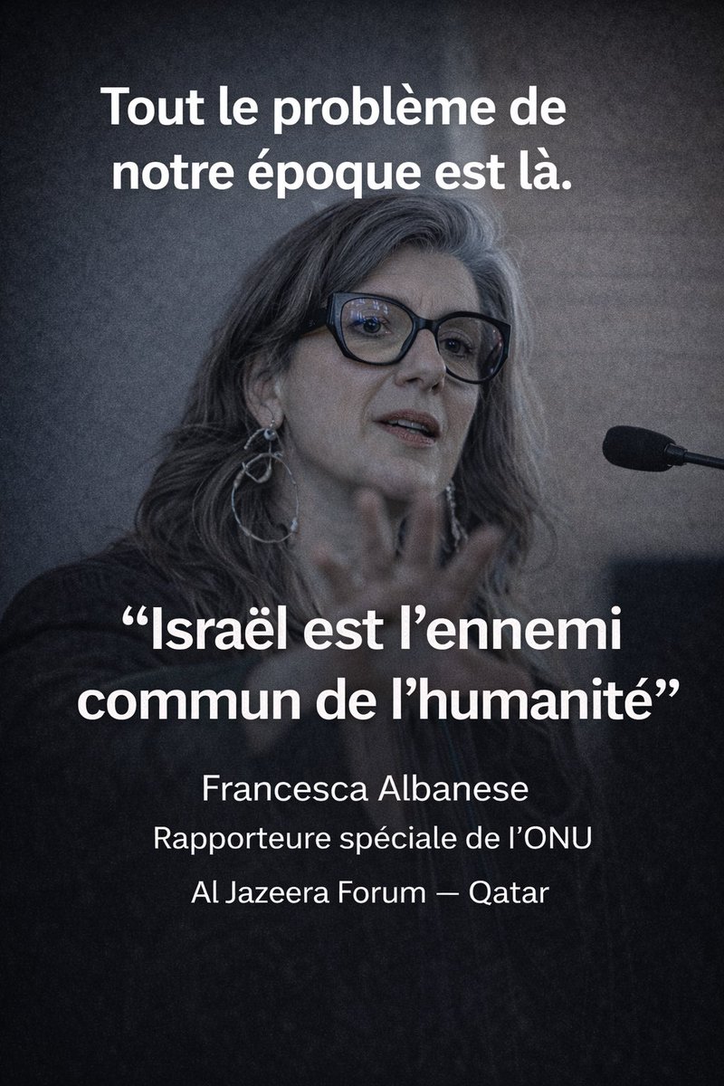 srodan's tweet image. Tout est là. Dans une seule photo.
Dans une seule phrase. Dans un seul événement.
Francesca Albanese, rapporteure spéciale de l'ONU mandatée pour défendre le droit international, explique publiquement qu'lsrael serait « l'ennemi commun de l'humanité ».
Elle propage, sans fard, la…