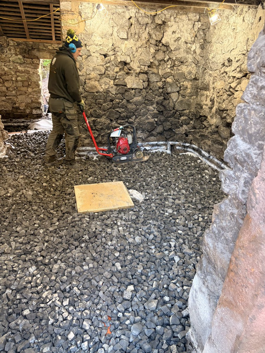 Installation of the recycled foam glass insulation for the new lime floor at The Framework Knitters Shop, Bonsall. #Derbyshire #limecrete #lime