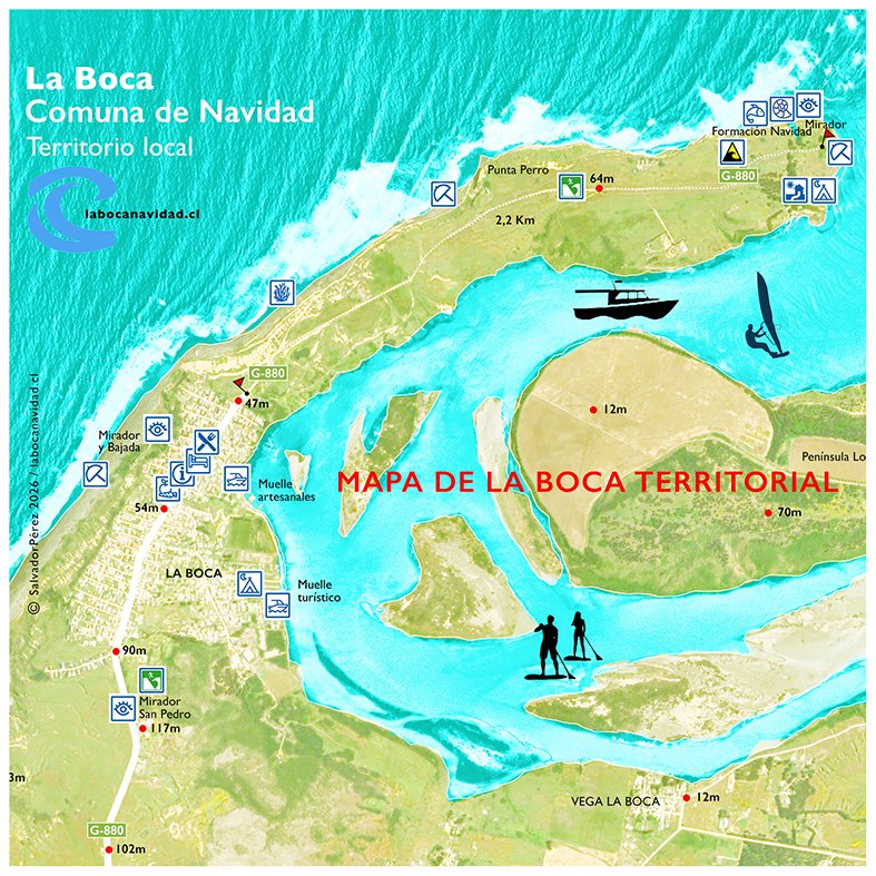 MAPA DEL TERRITORIO QUE LLAMAMOS LA BOCA que va desde el Mirador San Pedro, pasando por la zona urbana y se extiende hasta La Desembocadura PLAYA / PESCA / SUP / WINDSURF / KITESURF / PASEOS EN LANCHA / ESTRATOS DEL NEOGENO / FOSILES / DESCANSO... labocanavidad.cl/portfolio/mapa…