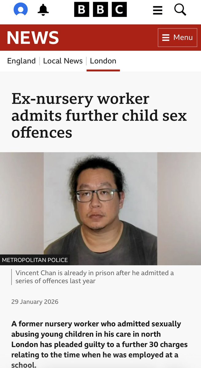 protodanielle's tweet photo. 🚨 VINCENT CHAN – 45-YEAR-OLD NURSERY SICKO PLEADS GUILTY TO 56 COUNTS OF MOLESTING TODDLERS IN HIS CARE! 🚨

This absolute monster worked at a north London nursery and has now admitted to:

•  Repeated sexual assault by penetration on little kids

•  Groping and touching them

•  Producing & sharing the most extreme category indecent images

•  Voyeurism

•  Outraging public decency

All against babies and toddlers who were supposed to be safe with him. 

Met Police labelled him “dangerous and predatory” – no shit. Parents flagged concerns for MONTHS and the nursery did FUCK ALL. Now 46 families are suing because their children were left in the hands of this degenerate.

Two waves of guilty pleas: 26 in December 2025 + another 30 in January 2026. 
Sentencing at the Old Bailey Feb 12, 2026 – pray the judge throws the book at him.

How the hell does a predator like this get anywhere near children?

How many warnings were ignored while kids were being abused?

This is not a “safeguarding failure” – it’s criminal negligence.

His face belongs everywhere. Every parent needs to see it. Share this until it hurts. 

Demand proper checks, zero tolerance, and real prison time for these beasts. 

#VincentChan #NurseryPredator #ChildAbuse #JusticeForTheKids #LockHimUpForever