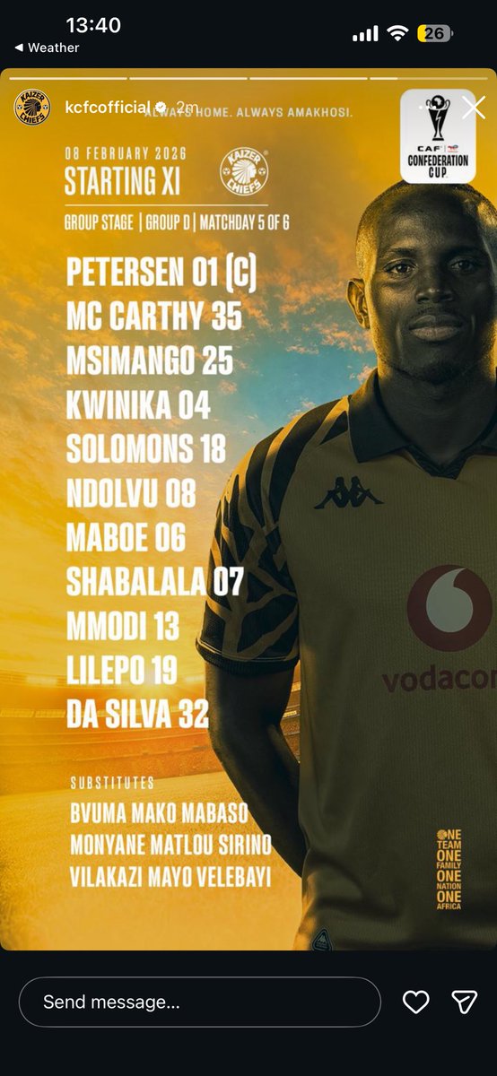 RealTshemedi2's tweet image. Kaizer Chiefs starting line up. 

Msimango starts. His height will be crucial against the tall North Africans.