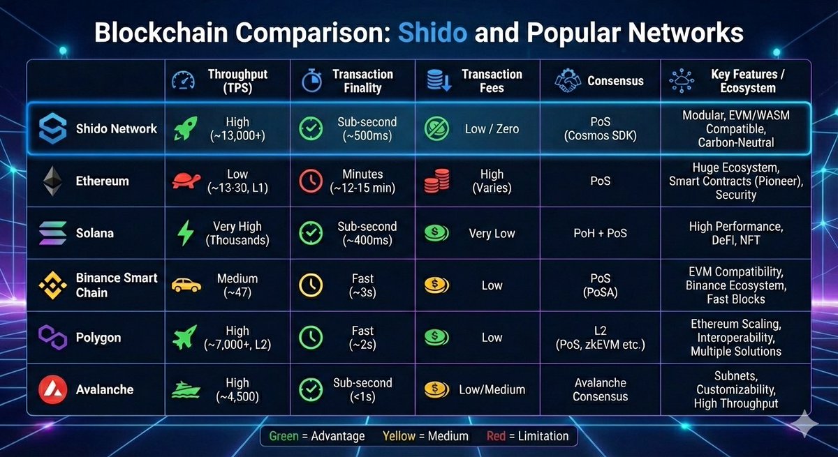 Check out this comparative analysis of $Shido Network and other popular blockchains. Learn about throughput, transaction speeds, fees, and more. Shido stands out for its efficiency and low costs.
<a href="/ShidoNetwork/">Shido</a> 
$blockchain $DeFi $Rwa