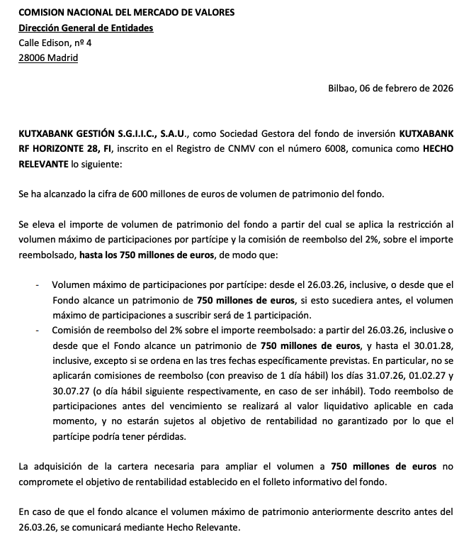 Mientras tanto y el mismo día

Kutxabank anuncia que amplía 150 millones más su fondo de renta fija a vencimiento en 2028, debido al éxito de captación. 

Costes Totales del fondo: 0,6%
Costes Totales de un iBonds de iShares a 2028: 0,12%

No tengo dudas de quien lo hará mejor