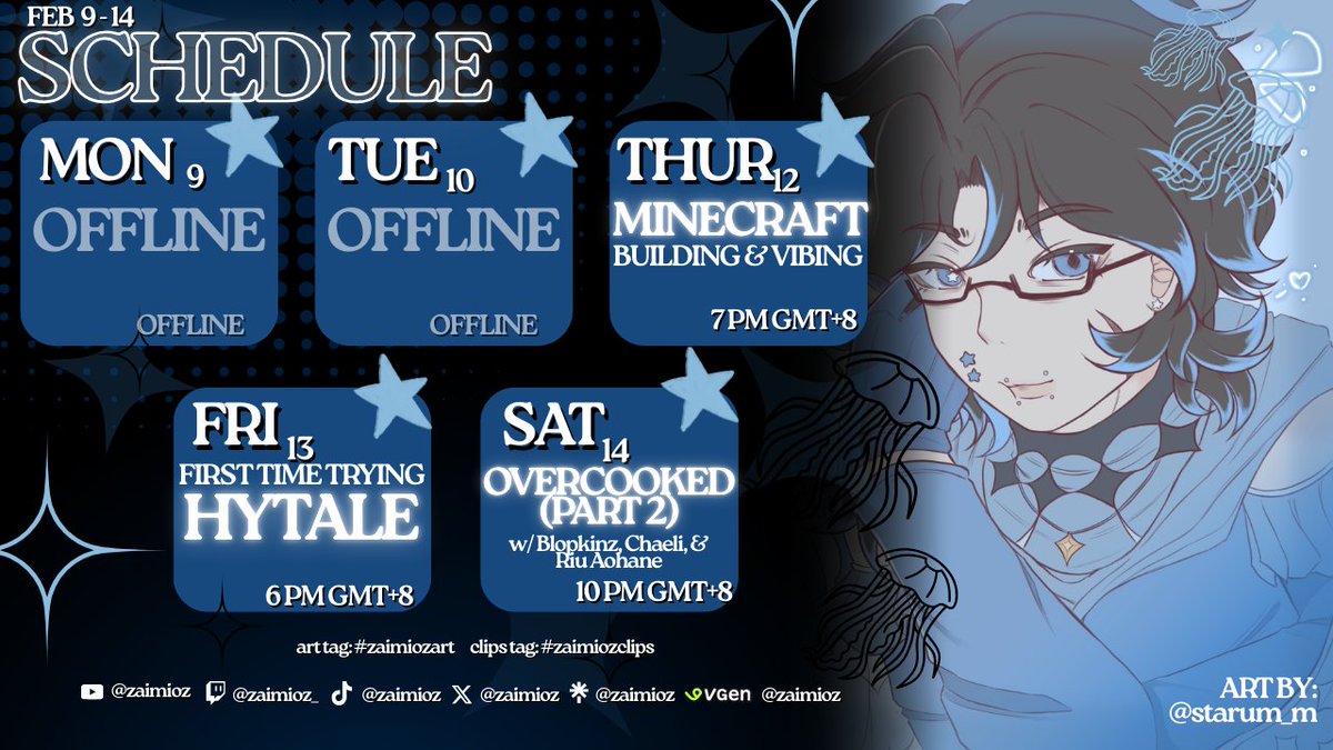 🪼WEEKLY SCHEDULE! 🪼
(FEBRUARY 9 - 14)

try not to lag challenge...
we got some fun games to try for this week!!! and also playing OVERCOOKED with my frens :3 !!

arttag: #zaimiozart cliptag: #zaimiozclips