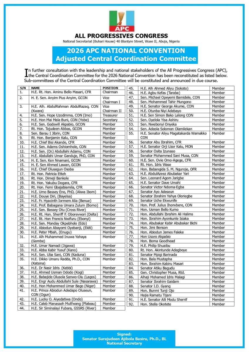 OfficialAPCNg's tweet photo. 2026 APC NATIONAL CONVENTION
Adjusted 92-Member Central Coordination Committee