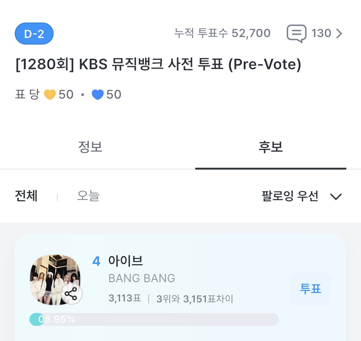 현재 오픈된 음악방송 사전투표
‼️모두 하시면 안됩니다‼️

발매 다음 주부터 음악 방송 수상 대상이므로 아직 수상 대상이 아닙니다!
현재 팬캐스트에 뱅뱅이 투표에 올라와있는데 >>절대<< 투표하시면 안됩니다.

#IVE #아이브 
#REVIVE_PLUS
#BANGBANG #IVE_BANGBANG