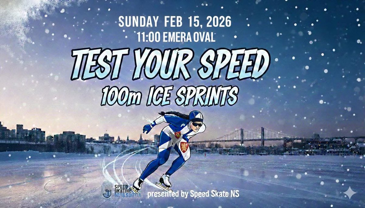 Bring your hockey skates and see how fast you really are. 

Test your speed, challenge your friends to 100m races.

Get an offical 100m race time - open to everyone, races on Sun. Feb 15, 2026. 

icereg.ca/#!/events/try-…

#speedskating #speedskatingns