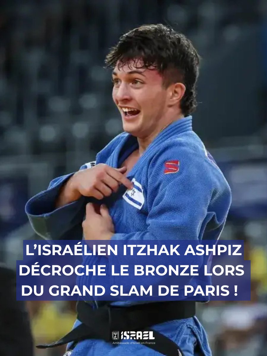 IsraelenFrance's tweet photo. À seulement 18 ans, le judoka Itzhak Ashpiz remporte la médaille de bronze pour son premier Grand Slam à Paris dans la catégorie des moins de 60 kilos. Félicitations ! https://t.co/8WQtduZvKF