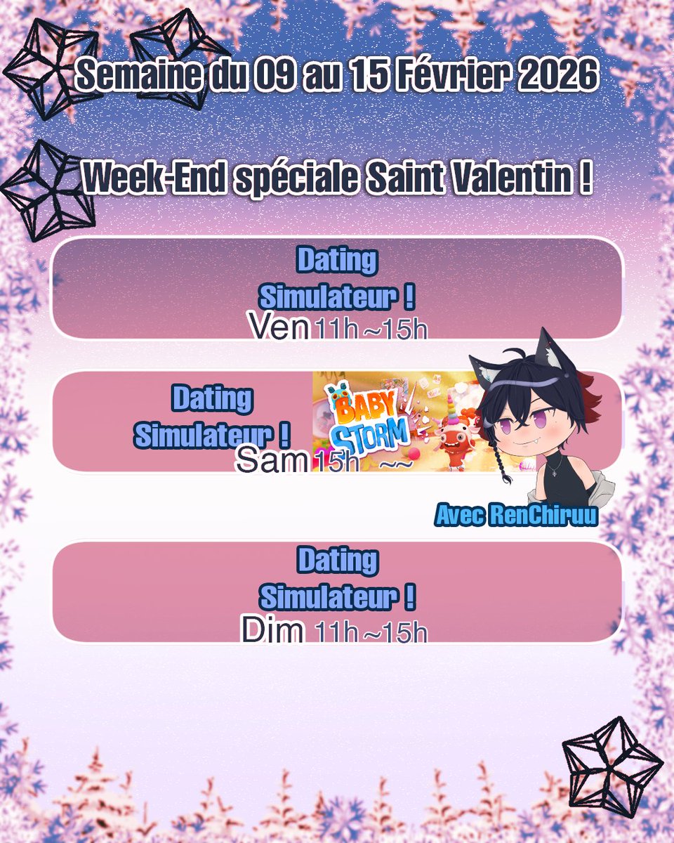 Le Programme de la semaine, on se retrouve pour un week-end spécial St-Valentin, le dating simulateur est encore en discussion avec mon équipe (c'est à dire moi et ma conscience) #vtuber #vtuberfr #capybara twitch.tv/yagacapy