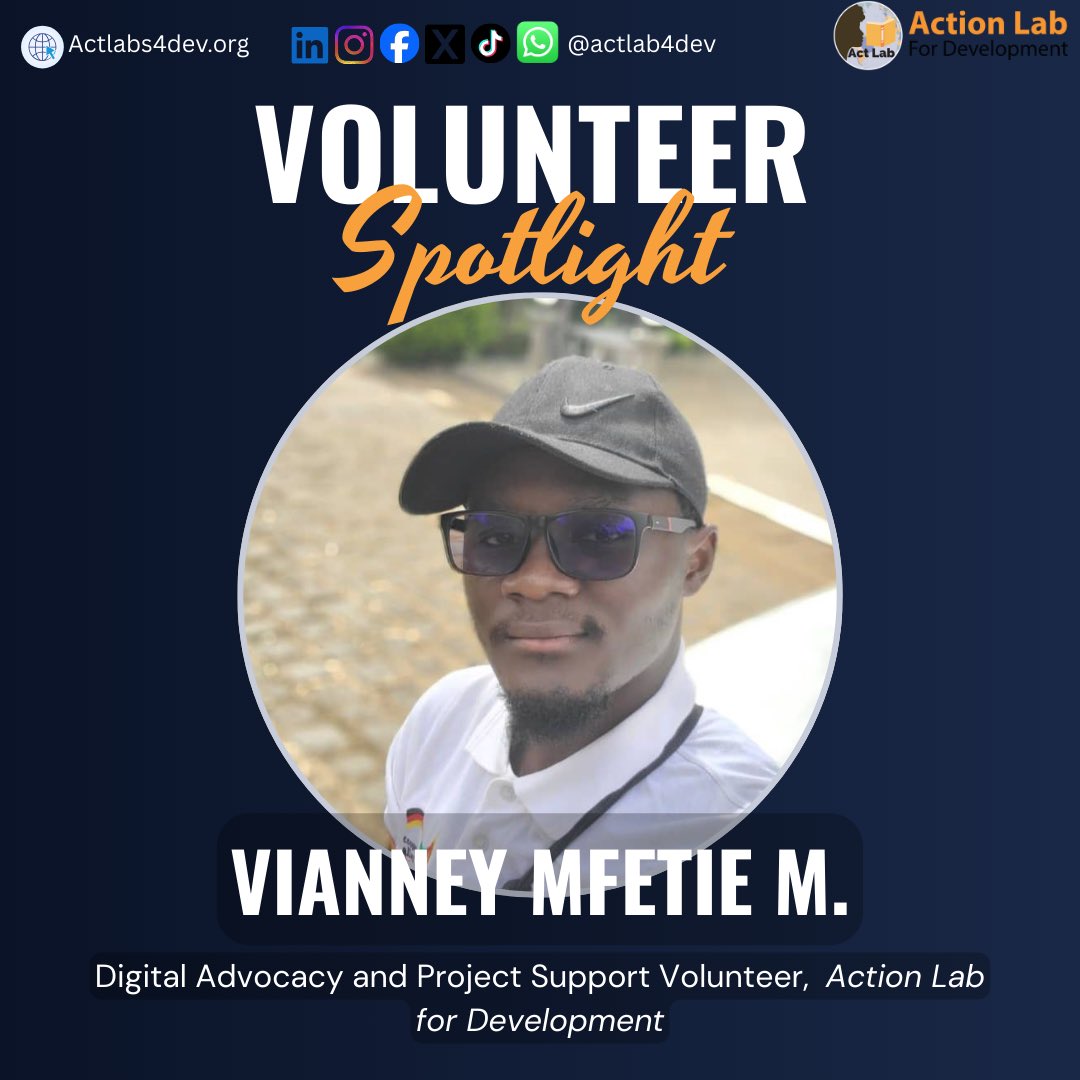 ActLab4Dev's tweet photo. For this week’s #SpotlightSunday, we would like to limelight one of our Digital Advocacy and Project Support Volunteers, Vianney Mfetie Mfochingoue (@AKN_VBL). 
Click through to find out more about Vianney’s experiences, achievements and goals as an ACTLAB volunteer! https://t.co/SWavGVrIAq