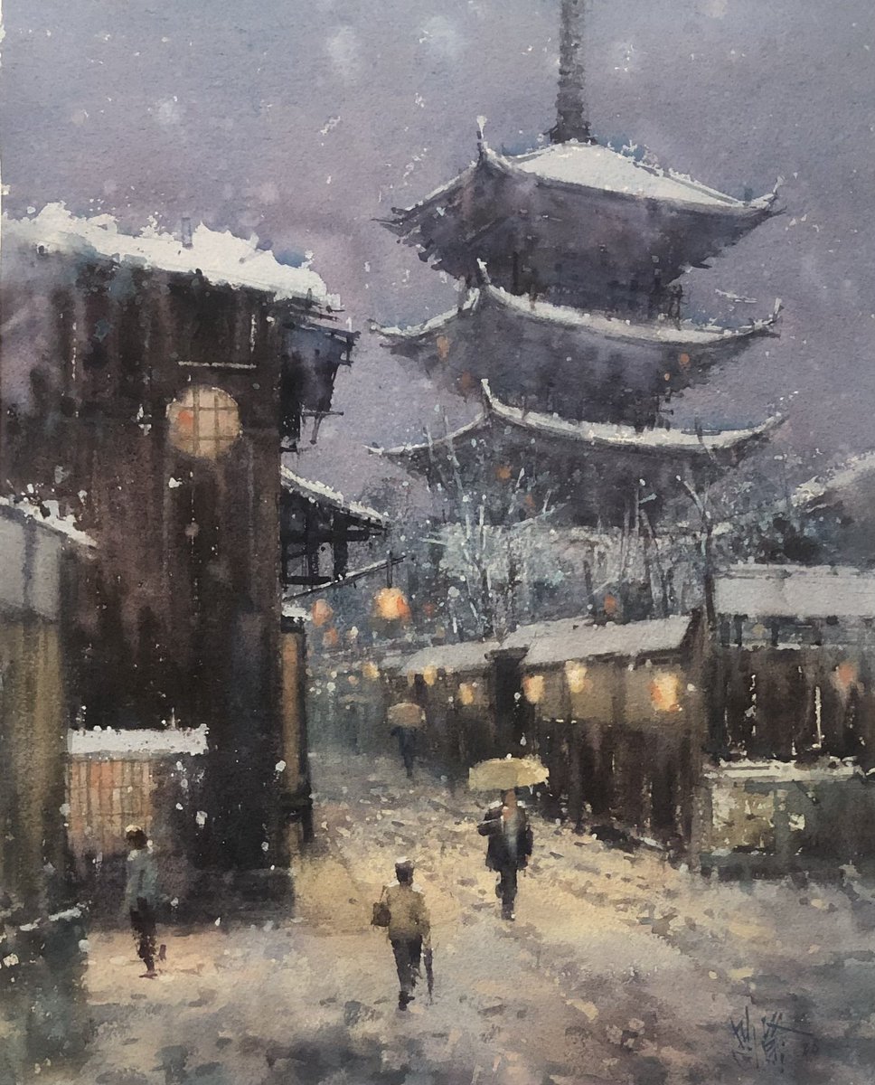 ShianSih's tweet photo. 夜京都
Kyoto at night
40x32cm

今天完成後站在畫架前，看著這件作 夜京都 許久，說不上來，作品帶給我過農曆年的感受。 https://t.co/OygI21fuws