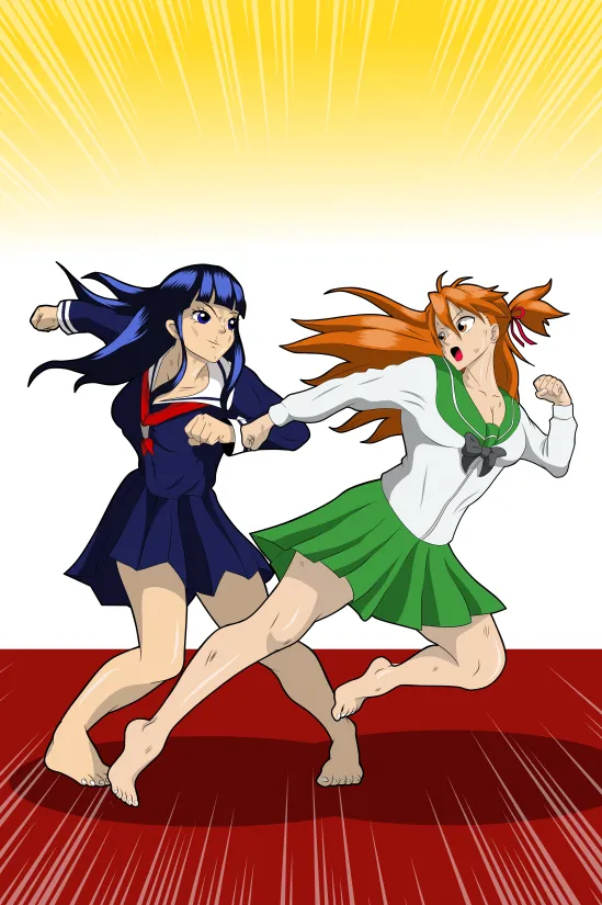 DeiEiheiFu's tweet photo. Wucha Eihei: Uh-huh. That’s my sister Watashi, fighting Himariya. Get her Watashi, get her!

Done by @Cheerful_moose0 
#Catfight #KungFu #MartialArts #キャットファイト #武道 #Schoolgirls #カンフー https://t.co/KWuf7IoCLF
