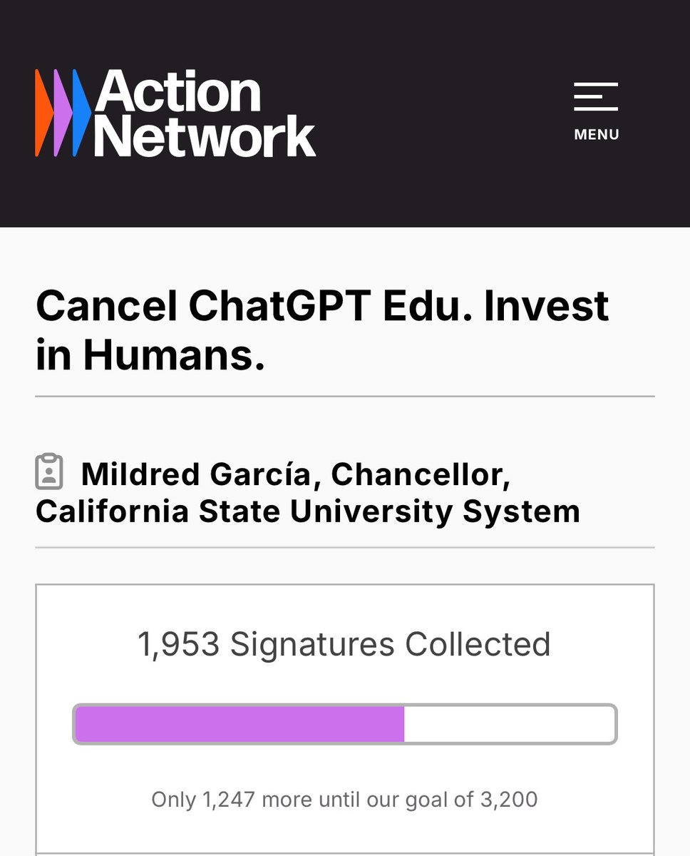 ednewtonrex's tweet photo. California State University students & staff are petitioning for the university not to renew their contract for ChatGPT Edu.

“The CSU must reject Silicon Valley’s AI hype and invest in the people who make this university system a destination for our 460,000 students. The challenges that we face in higher education cannot be resolved with AI. We must, instead, empower faculty, staff, and students to define a sustainable, human-centered future for the CSU system.”

(Anyone can sign in support.)

https://t.co/ZhFOWXJTOj